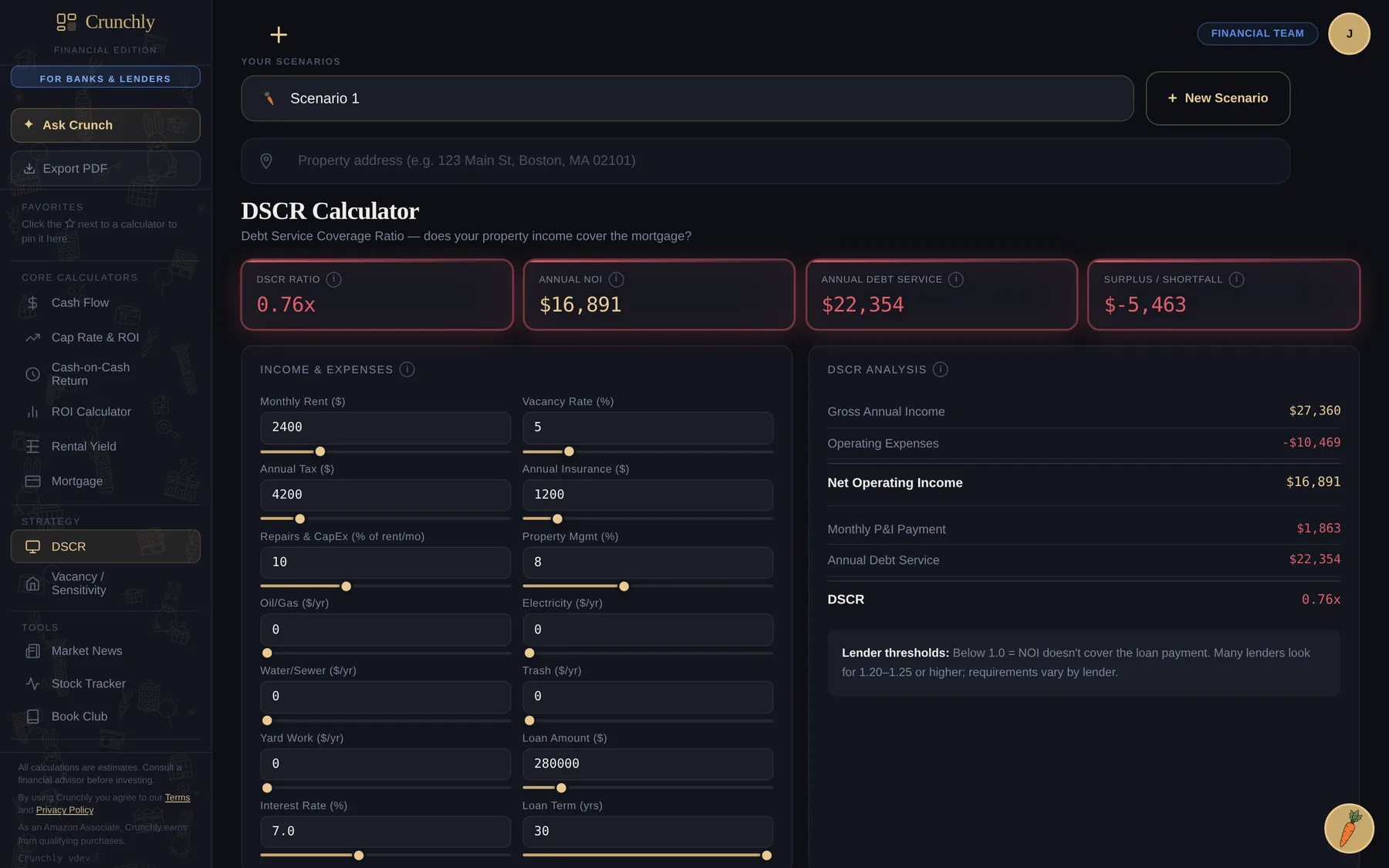 Crunchly Financial DSCR analysis screen